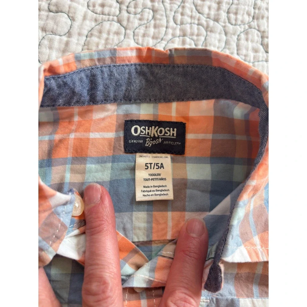 OshKosh Bgosh Boys 5T Plaid Button Down‎ Shirt Orange Blue Short Sleeve
